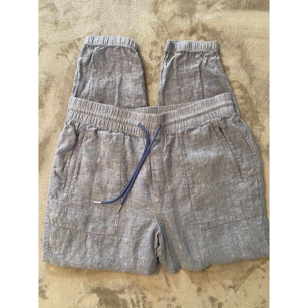 Athleta Pants Sz 12 Blue Cabo Linen Jogger Zippers Coastal Lounge Athleisure